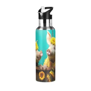 Imagem de Wassud Garrafa de água Sunshine Pigs garrafa de água esportiva de aço inoxidável com canudo garrafas de água isoladas copo portátil de viagem 946 ml