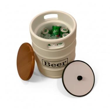 Imagem de Banco Cooler Barril Decorativo 28L – 2 em 1 Banco + Cooler – Tampo de Madeira Resistente – Mantém Bebidas Geladas – Polietileno Durável – Ideal para Churrasco, Área Gourmet e Eventos (Branco)