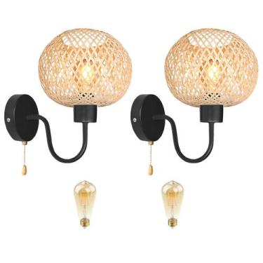 Imagem de 2 Arandela De Bambu Interruptor Cordinha Sala Nat91 + Led - Acende a L