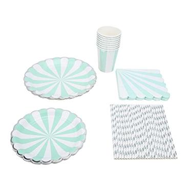 Imagem de Pratos Descartáveis ​​OKJHFD, Conjunto De Talheres De Papel Listrado Prato Copo Palha Guardanapo Para Casamento Festa De Formatura