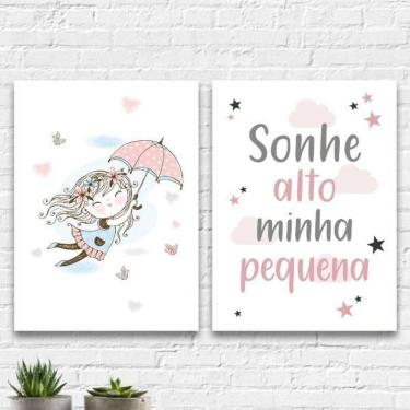 Imagem de Kit 2 Quadros Quarto Infantil Menina 45X34Cm Madeira Branca