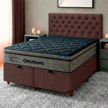 Imagem de Cama Box Bau Marrom + Cabeceira + Colchão Queen Confort Black Ortobom