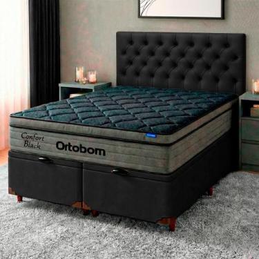 Imagem de Cama Box Bau Preto + Cabeceira + Colchão Queen Confort Black Ortobom
