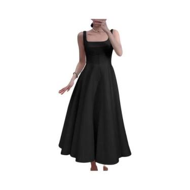 Imagem de Vestido Midi Feminino Vintage ZANZEA - Sem Mangas, Gola Quadrada, Verã
