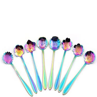 Imagem de niceEshop (TM) - Conjunto de 8 colheres de flores decorativas, aço inoxidável, arco-íris