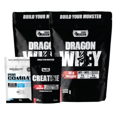 Imagem de Kit 2x Whey Protein Concentrado Isolado Ganho Muscular 500g + 1x Creatina Monohidratada Suplemento em Po 100g + Pre Treino Pre-Workout Pre Combat 100g (2x 500g, Baunilha do Tahiti)
