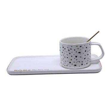 Imagem de Kit Xícara Com Travessa De Porcelana Granulite Branca Home e Colher Do