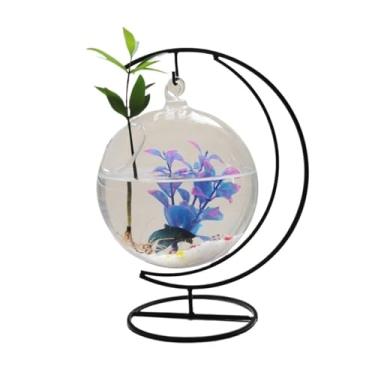Imagem de Aquário Tanque de peixes decorativo de mesa pendurado tanque de peixes redondo de vidro transparente com base de estrutura dobrada de metal preto Aquário