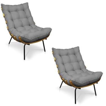 Imagem de Kit 02 Poltronas Costela Linho Base De Metal - D'Rossi A26 Grafite