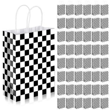 Imagem de MAQUITA 48 peças de sacolas quadriculadas de lembrancinhas de festa de carro de corrida com alças preto e branco quadriculado bandeira de corrida sacos de doces para carros de corrida temáticos