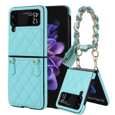Imagem de Pulseira capa de couro para samsung galaxy z flip 4 3 5g flip4 flip3 lenço de seda corda alça de pulso capa fosca, verde, para samsung z flip 3
