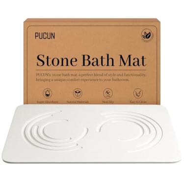 Imagem de PUCUN Tapete de banho de pedra de terra de diatomáceas, tapete de pedra de banho de diatomita de secagem rápida para piso de banheiro - super absorvente, natural, fácil de limpar (branco)