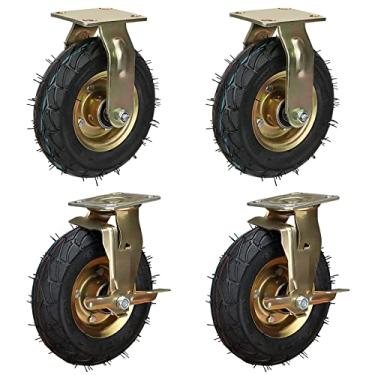 Imagem de Rodízios de borracha pneumática de 20 e 25 cm para serviço pesado - pacote com 4, rodas de substituição altamente elásticas com freios e placa superior para carrinhos de móveis e bancadas de trabalho