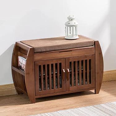 Imagem de Banco de entrada rústico de madeira maciça com assento estofado de linho e suporte de revista, organizador de sapateira elegante para solução de armazenamento doméstico