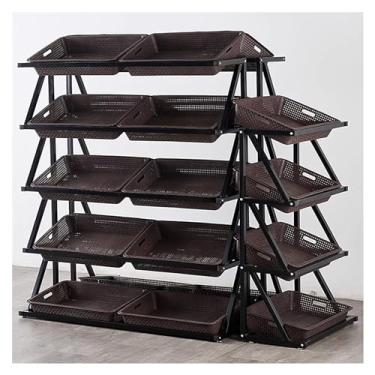 Imagem de Prateleira de supermercado de grande capacidade, prateleira comercial de exibição de mercearia de dois lados para frutas/legumes/lanches/brinquedos, com 24 cestas de imitação de vime, moldura de ferro