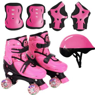 Imagem de Patins Ajustável Infantil Com Led Com Proteção Rosa Menina - Dm Toys