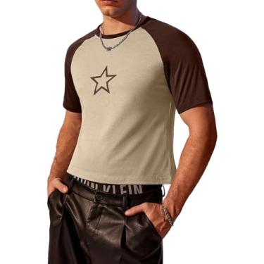 Imagem de Floerns Camiseta masculina de manga curta raglã com estampa de estrelas e gola redonda, Marrom e bege, GG