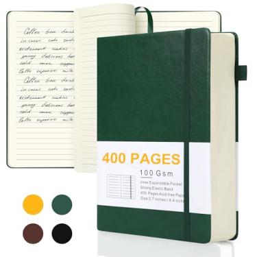 Imagem de Diários para escrever, caderno pautado em couro A5 com 400 páginas, diário pautado pela faculdade de 100 g com papel grosso, capa dura com bolso interno e suporte para caneta, verde escuro