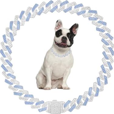 Imagem de Coleira de corrente para cães com brilho, elos cubanos de diamante, colar de metal dourado com strass brilhante, coleira de gato para cães pequenos, médios e grandes, azul prateado 50,8 cm