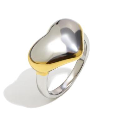 Imagem de Kokoma Anel de declaração de coração moderno de cúpula para mulheres, aço inoxidável, grosso, coração, grosso, aliança de compromisso, joia de festa de dia dos namorados, Aço inoxidável, Sem pedra