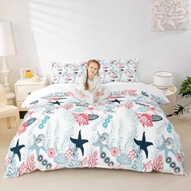Imagem de Conjunto de capa de edredom tamanho king, concha de concha, cavalo marinho, estrela-do-mar, coral e costeiro, para crianças, meninos, meninas, mulheres, decoração de quarto rosa, azul e branco, 2