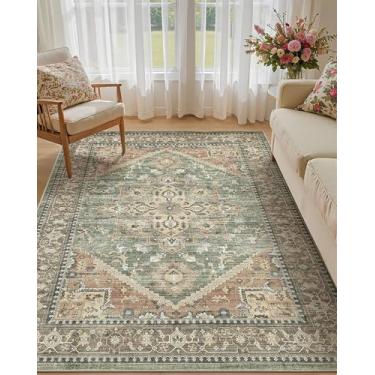 Imagem de Micgeek Tapete vintage 12 x 18 cm: tapete lavável neutro macio antiderrapante fino grande para sala de estar quarto cozinha sala de jantar casa escritório fazenda interior - marrom verde