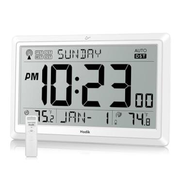 Imagem de HODIK Relógio atômico com temperatura interna e externa sem fio, visor LCD grande de 11,4 polegadas para facilitar a leitura, relógio de mesa alimentado por bateria ou relógio de parede com sensor de