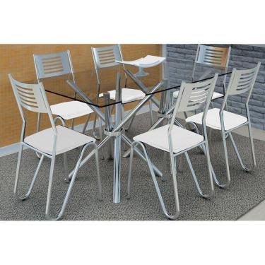 Imagem de Kit Mesa Volga C- Tampo Vidro 150cm + 6 Cadeiras Nápoles Cromado Courano Branco