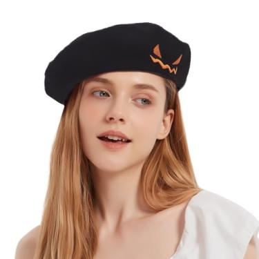 Imagem de ZARSIO Boina engraçada de Halloween, boina francesa, chapéu de pintor de artista de inverno, Preto, 7 1/4