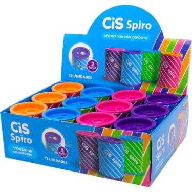 Imagem de Apontador com Depósito 2 Furos CIS Spiro Lata 4 Cores com 12 Unidades 