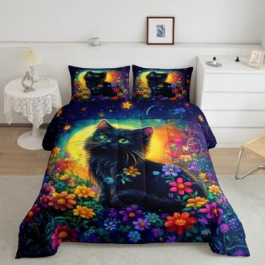 Imagem de Jogo de cama Queen com estampa de gato, animal, flores descoladas em aquarela, para decoração de quarto de adolescentes, galáxia estrela, reversível, conjunto de edredom botânico de gato selvagem,
