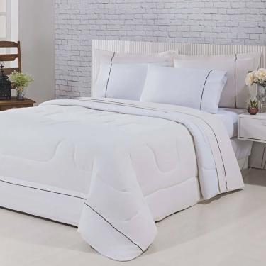 Imagem de Kit Edredom 100% Algodão Percal 150 Fios Dupla Face King + Jogo De Cama Gran Moratta 7 Peças - Branco/ Palha