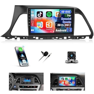 Imagem de [4G + 64G] Android 13 estéreo automotivo para Hyundai Sonata 2015-2017 com carro sem fio CarPlay Android Auto, rádio automotivo com tela sensível ao toque de 9 polegadas com link espelhado, controle