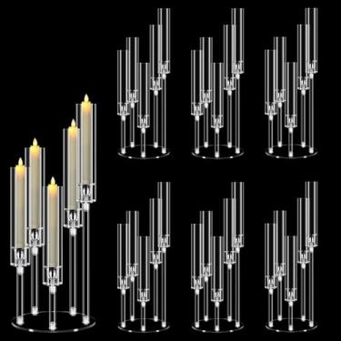 Imagem de 6 conjuntos de peças centrais de candelabro de acrílico com 5 braços para mesas, suporte de vela transparente para casamento, jantar de cerimônia, suportes de castiçal de 58 cm de altura com abajur