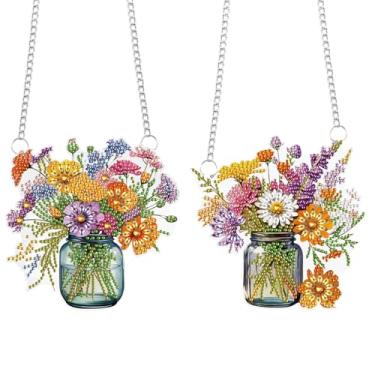 Imagem de Conjunto de 2 peças de ornamentos para pendurar com pintura de diamante DIY – buquê floral em jarra, kit de arte de diamante em formato especial 5D, pingentes de janela, kits de arte de diamante para