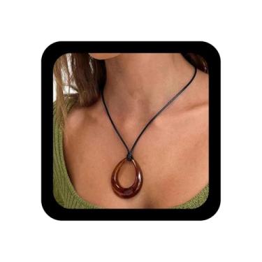 Imagem de Ximdble Gargantilha de couro preto vintage com pingente de lágrima oca, colar de gota d'água de acrílico marrom, corrente de clavícula de camurça preta, colar boho de resina para mulheres