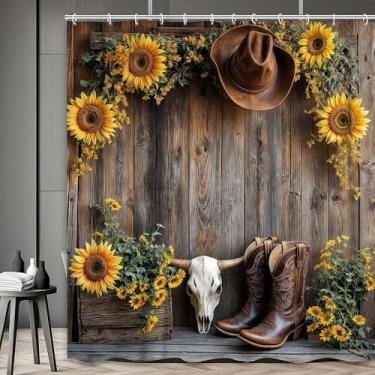 Imagem de Cortina de chuveiro caubói ocidental, cortina de banheiro de madeira para porta de celeiro do sudoeste do sudoeste com botas de caubói florais, conjunto de cortinas de banheiro de tecido rústico do