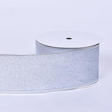 Imagem de YAMA Fita prateada com glitter para árvore de Natal 6,3 cm x 10 metros, fita metálica brilhante de Natal com fio para embrulho de presente, festa de casamento, laços de artesanato DIY e buquê de