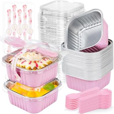 Imagem de 25 peças de mini formas de bolo com tampas, mini formas de pão ZOXILEN de 150 ml com tampas, colheres de alumínio, copos pequenos descartáveis quadrados para assar, formas de muffin, recipientes de