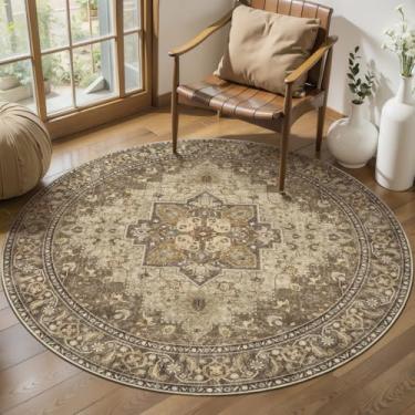 Imagem de Ciicool Tapete circular Boho 1,2 x 1,2 m, redondo, lavável, para quarto, antiderrapante, vintage, para entrada, tapete interno de pelo baixo para sala de estar
