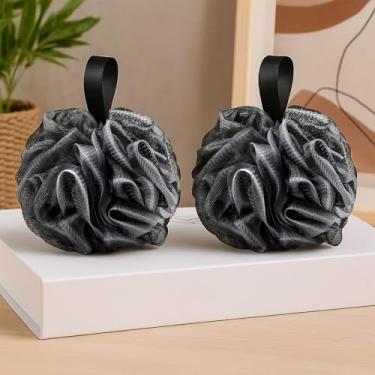 Imagem de 2 peças de esponja de banho, esponja de bucha de 50 g, esponja de bucha, bucha de malha de carvão de bambu para mulheres, acessórios essenciais de chuveiro, preto com bordas brancas