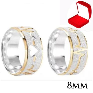Imagem de Par Aliança Prata Namoro Coração Vazado Ouro 8mm Batimentos Cardíacos 