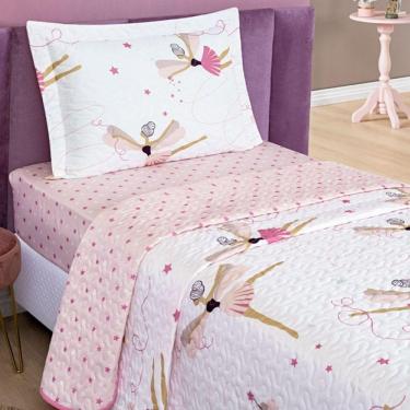 Imagem de Kit Colcha Bailarina Solteiro Tecido Microfibra Dupla Face Quarto Infantil - Branco