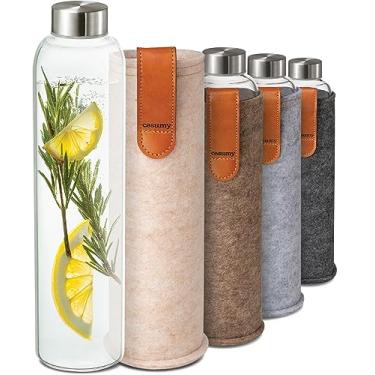 Imagem de Cosumy Garrafa de água de vidro de 740 ml com manga de feltro - vidro borossilicato - tampa à prova de vazamento - livre de BPA - ideal para trabalho, viagem e academia (bege)
