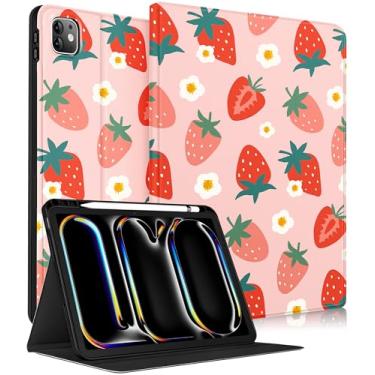 Imagem de Wazzasoft for iPad Pro 11 Inch Case M5 2025/M4 2024 - Women Girls Cute Smart Folio Cover (Auto Wake/Sleep) with Build-in Pencil Holder for Apple Tablet Soft TPU Protective Cover,Strawberries