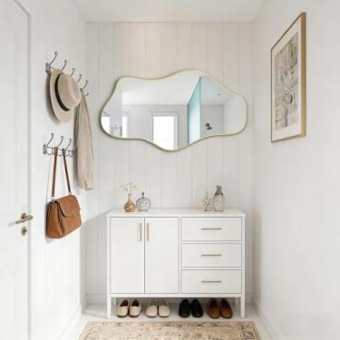 Imagem de DAOYIJIAJU Espelho irregular dourado, espelhos de parede assimétricos decorativos, 91 cm x 45 cm, espelho ondulado moderno, espelhos de nuvem abstratos sem moldura para sala de estar, banheiro, quarto