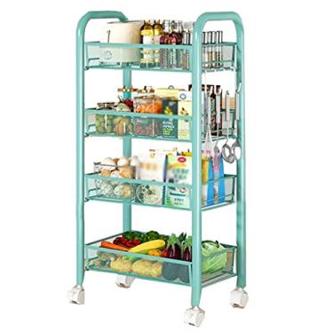 Imagem de Carrinho de rodinhas multifuncional, carrinho de armazenamento de metal de 4 camadas sobre rodas, carrinho utilitário fino bloqueável para cozinha e banheiro com 4 ganchos - cor verde