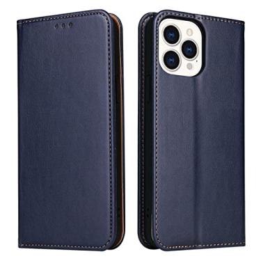 Imagem de Capa para iPhone 13 Pro, capa carteira de couro legítimo com suporte para cartão e fivela magnética proteção de câmera à prova de choque TPU capa flip interna, azul