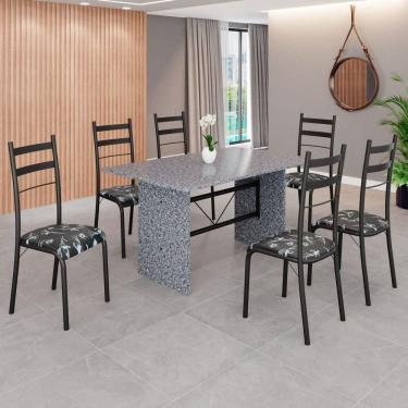 Imagem de Conjunto Sala de Jantar Mesa Retangular 140x75cm Tampo Granito Ocre 6 Cadeiras Marselha Preto Floral / Preto Fosco