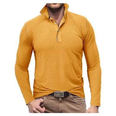 Imagem de Camisa polo masculina gola aberta cor sólida pulôver meia frente botões slim fit manga longa, Amarelo, G